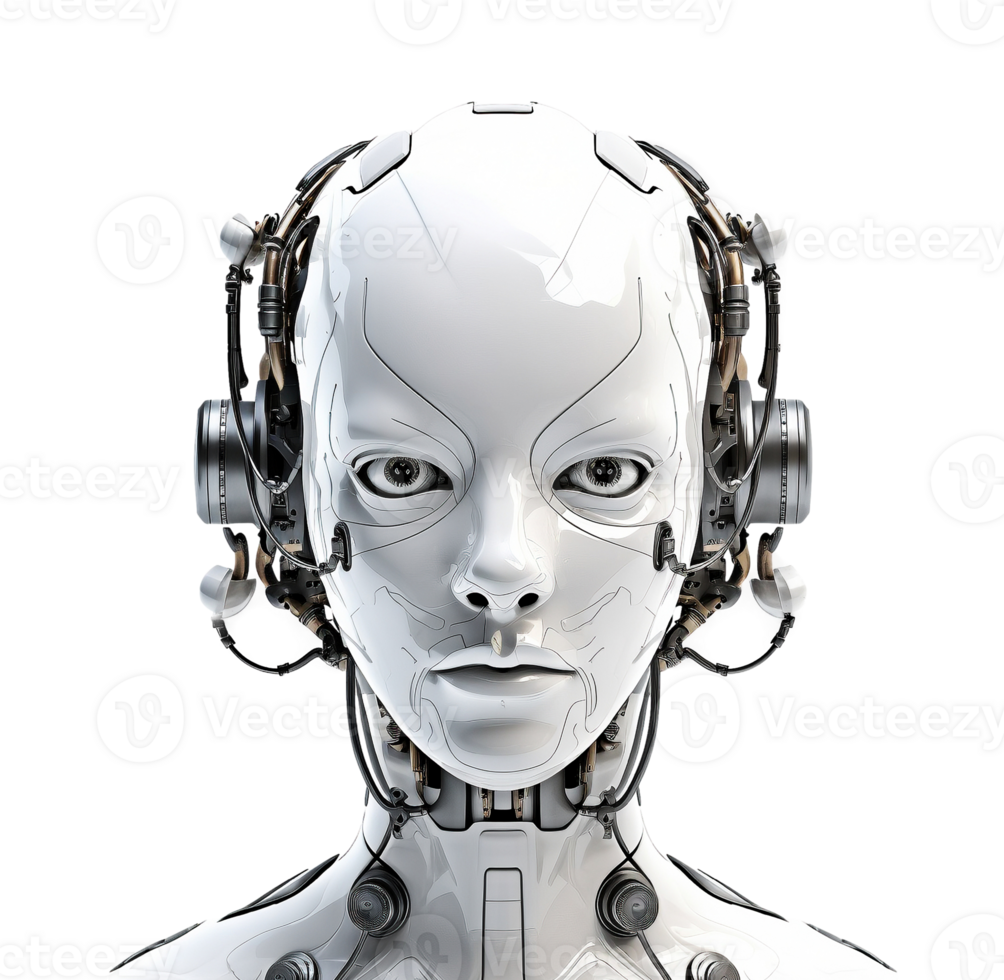 Robot head cyborg face on transparent background, created with png