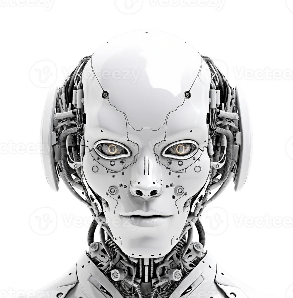 Robot head cyborg face on transparent background, created with png