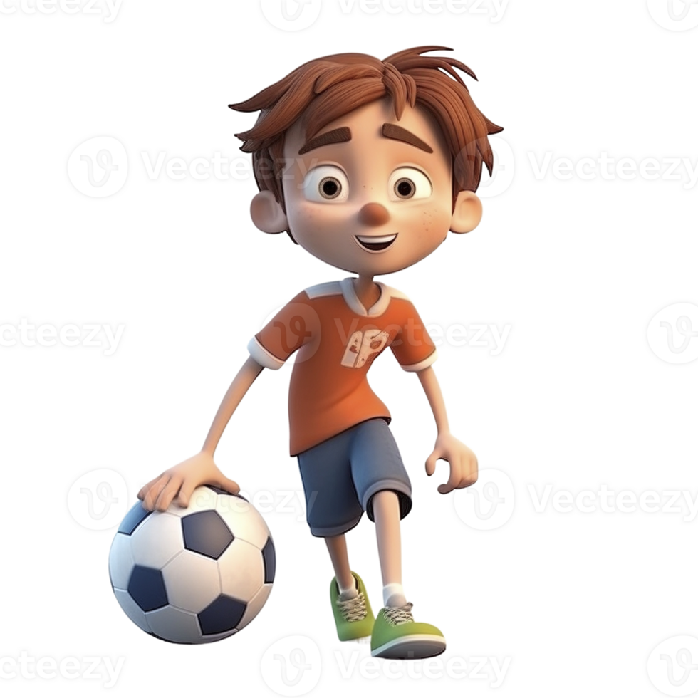 Cartoon style boy playing football isolated on transparent background, created with png