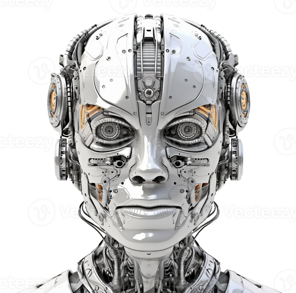 Robot head cyborg face on transparent background, created with png