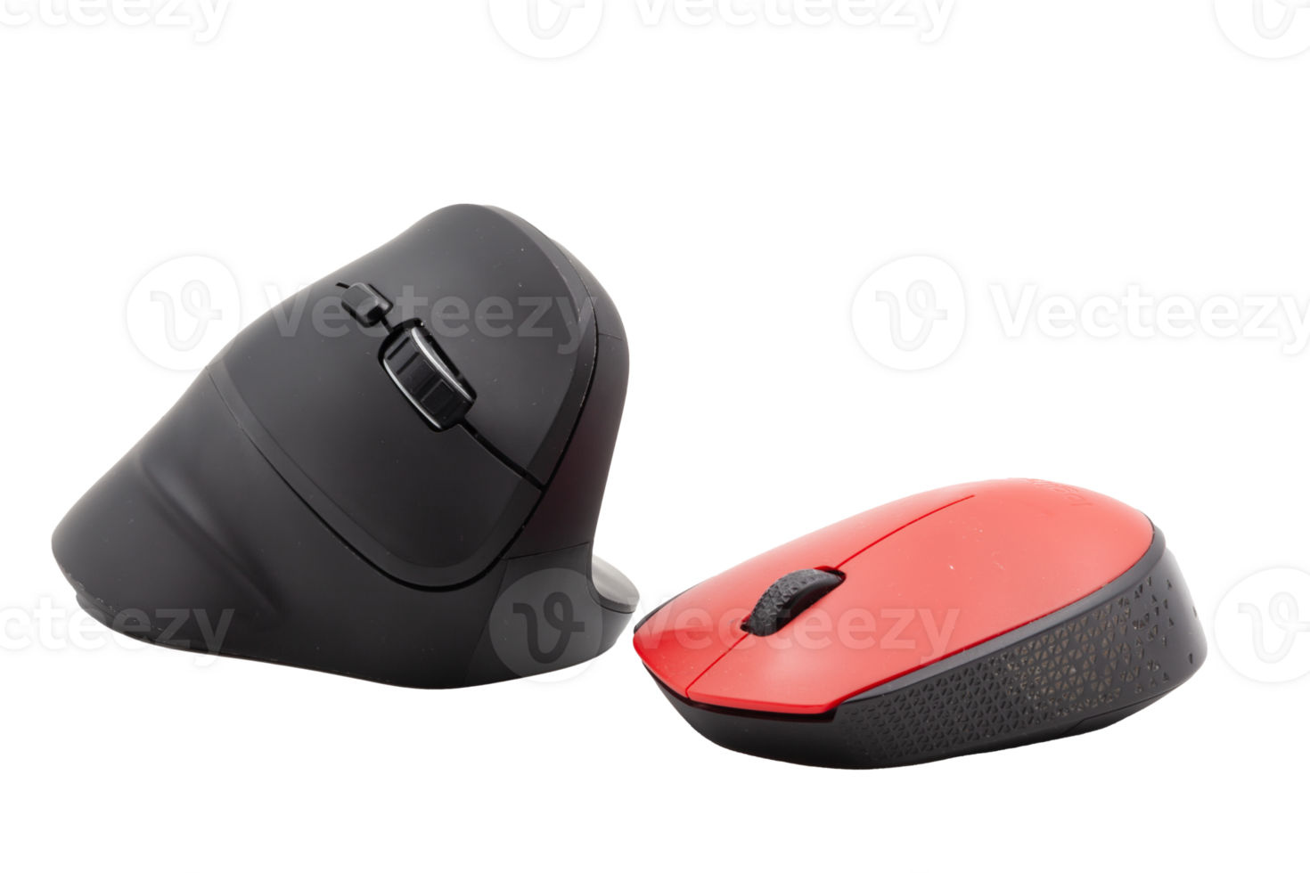 Vertical black and horizontal red computer mouse with no background against each other. Horizontal. PNG. Template. Photo in high quality png