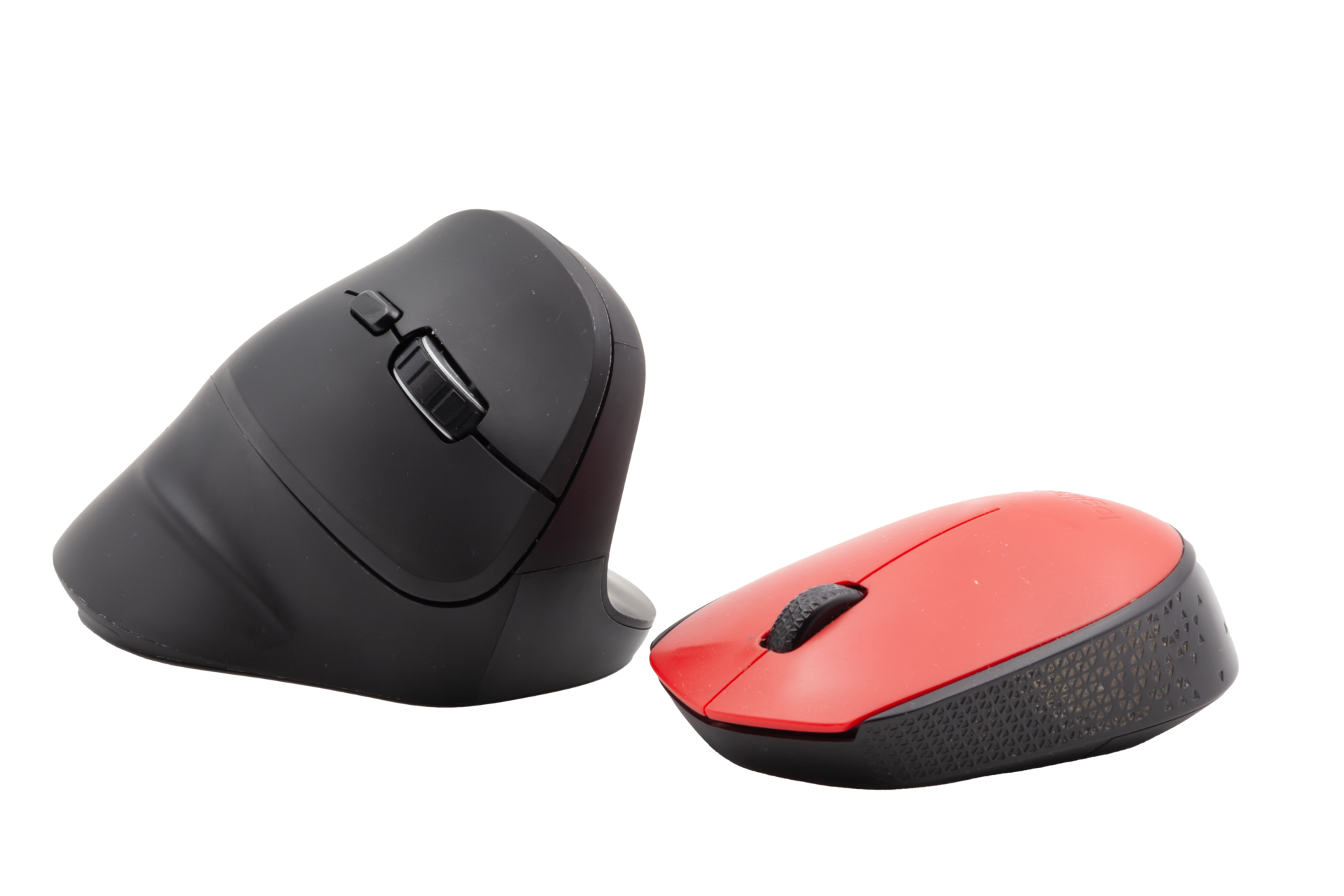 Vertical black and horizontal red computer mouse with no background