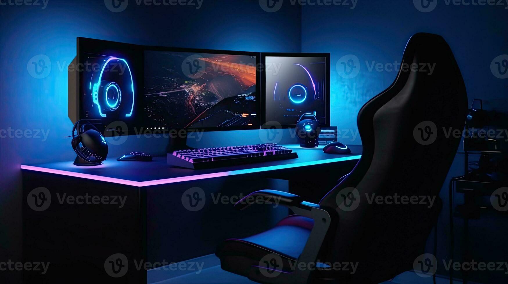 Modern gamer computer desk setup with RGB lights on background. Desktop mockup computer photo