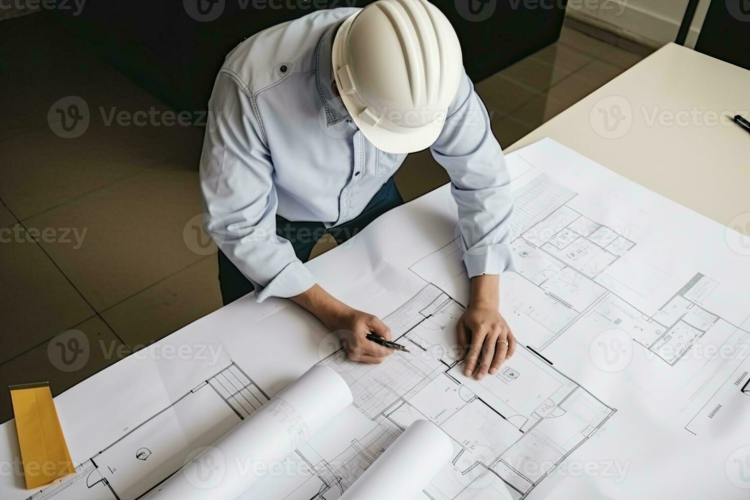 Architect or engineer working on blueprint at office building site. Engineering and architecture concept. photo