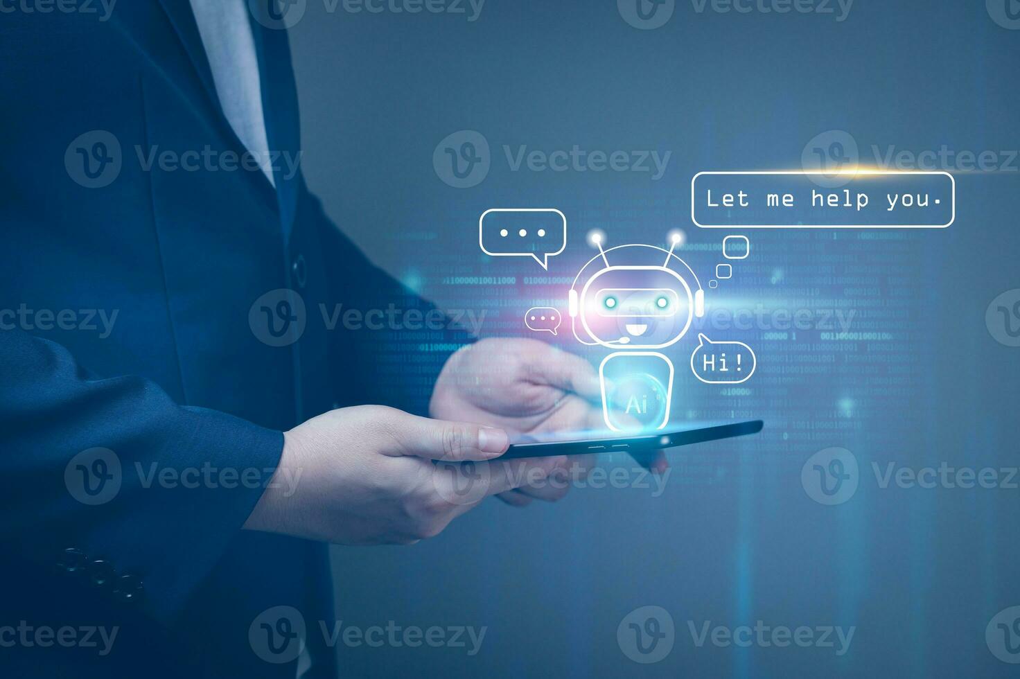 Online customer service by intelligent digital AI Chatbot application. Businessmen chat online with chat robots on tablet. technology innovation robot, communication and answer with fast process photo
