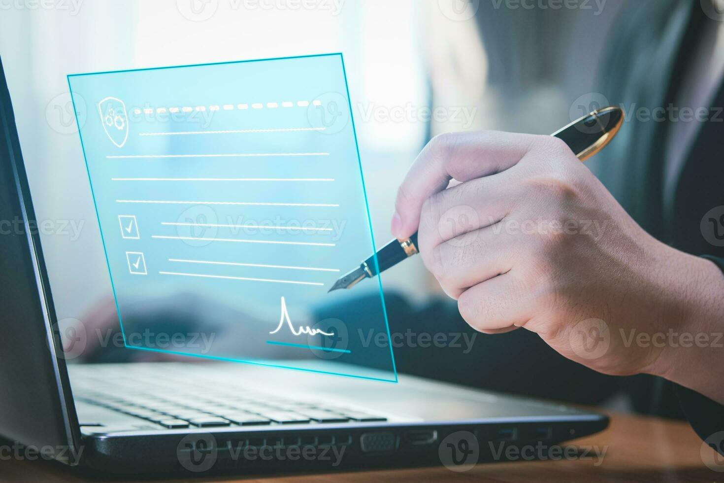 Electronic signature concept and technology and online document management DMS for paperless offices. Businessman uses pen to sign electronic documents on virtual screen digital document. photo