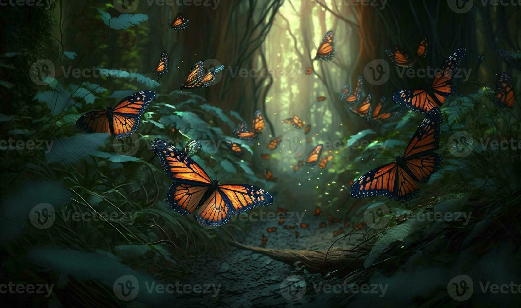 A swarm of butterflies migrating through a forest. Generated by AI photo