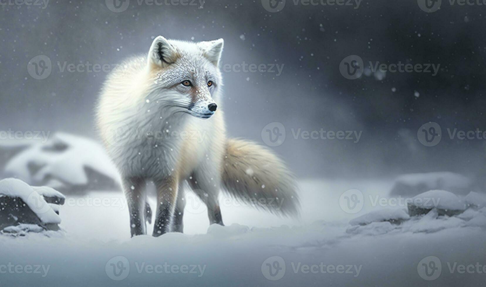 A Arctic fox braving through a blizzard. AI photo