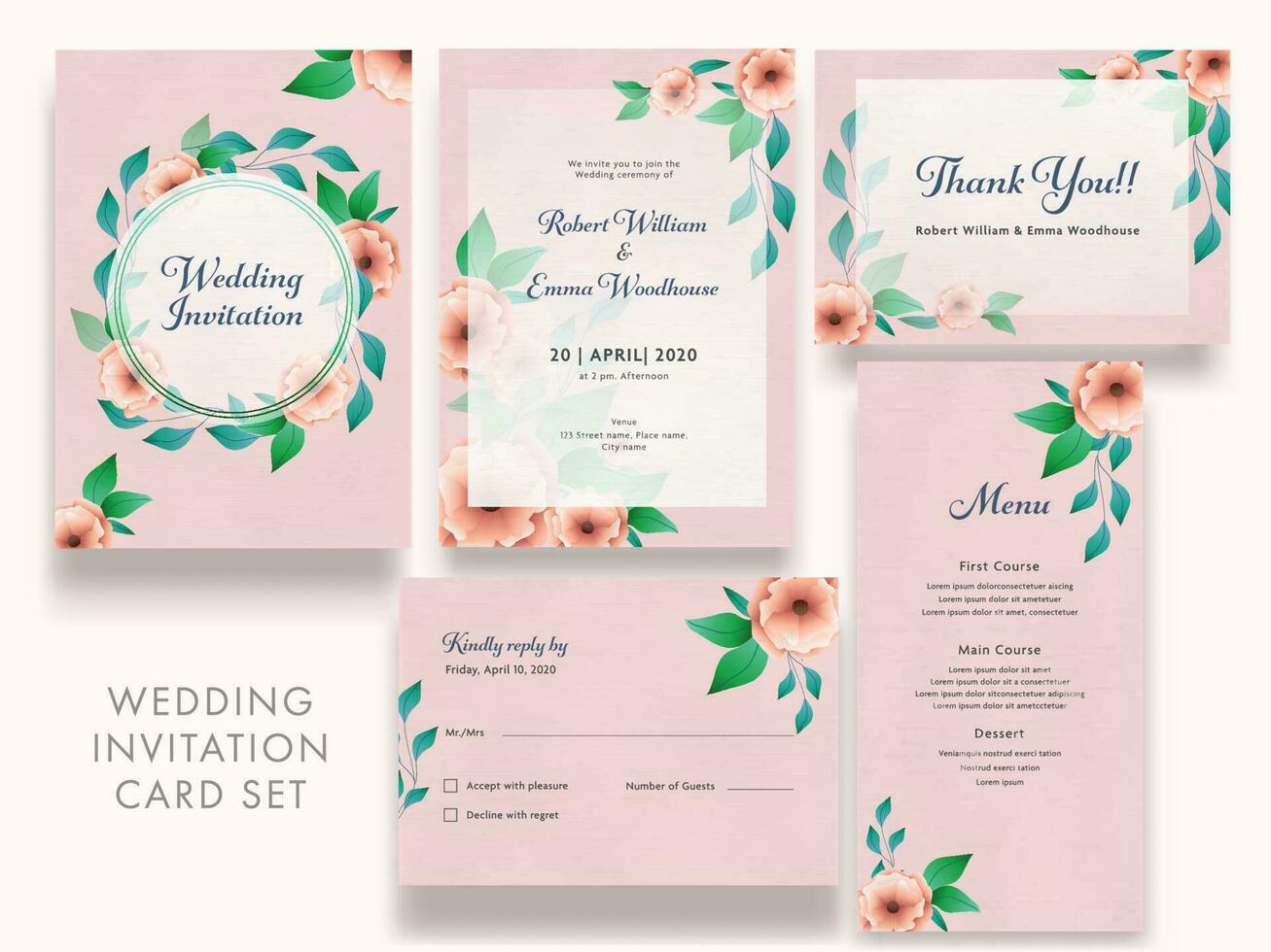 Wedding Invitation Card Set like as Menu, Thank You and RSVP. vector