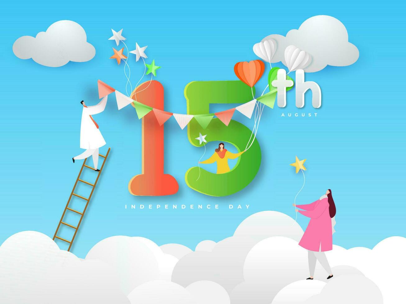 Cartoon character of people decorating 15th text with bunting for Happy Independence Day Celebration. vector