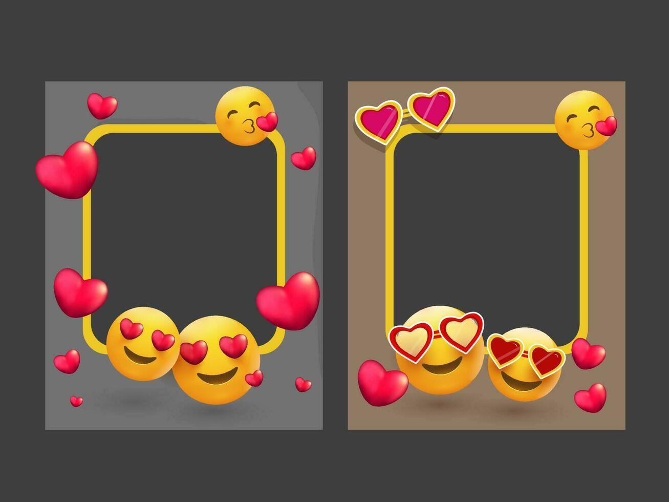 Photo frames with different emoji and heart shapes. vector