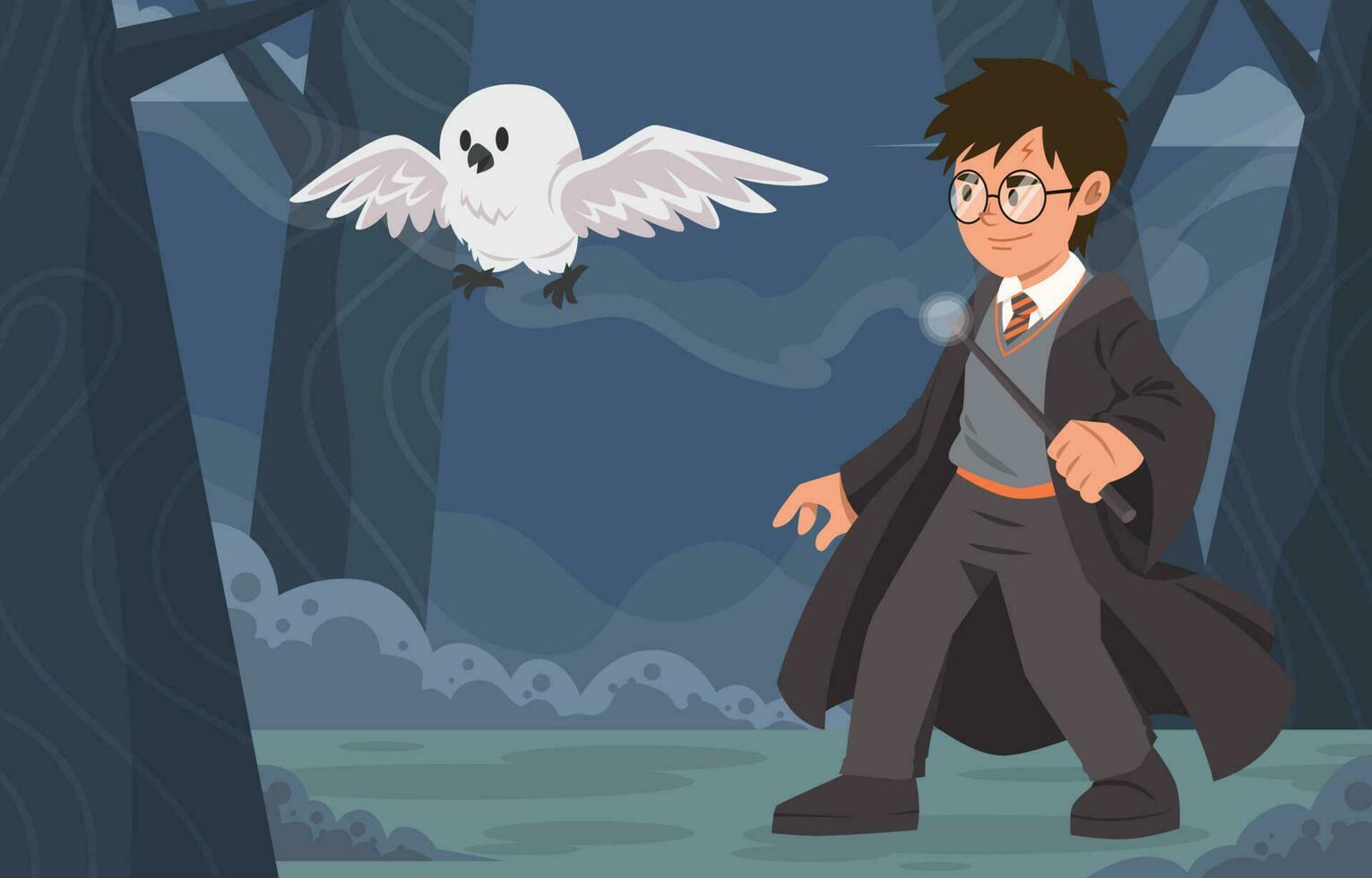 Sorcerer Boy And The Owl Background vector