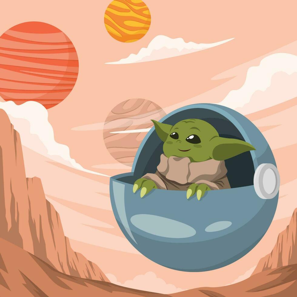 Cute Baby Alien Riding in Flying Cradle Background vector