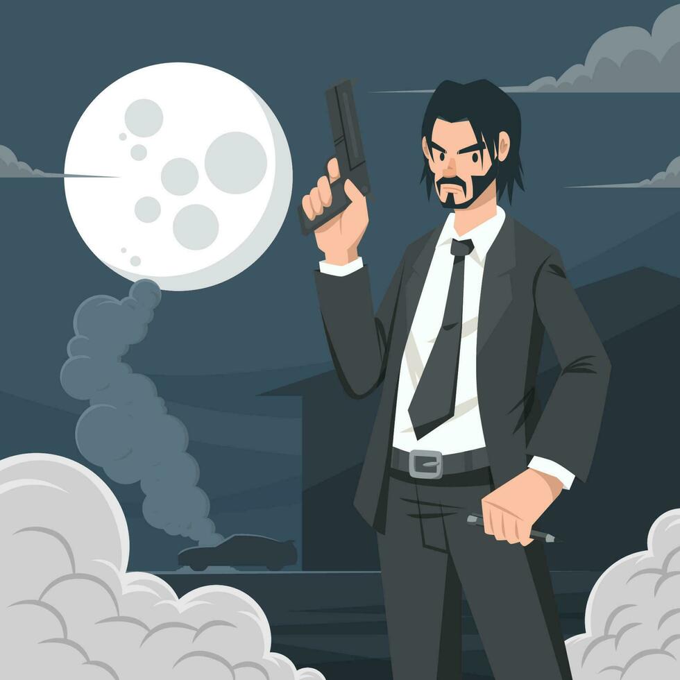 A Man Wearing Black Suit Holding a Weapon Background vector