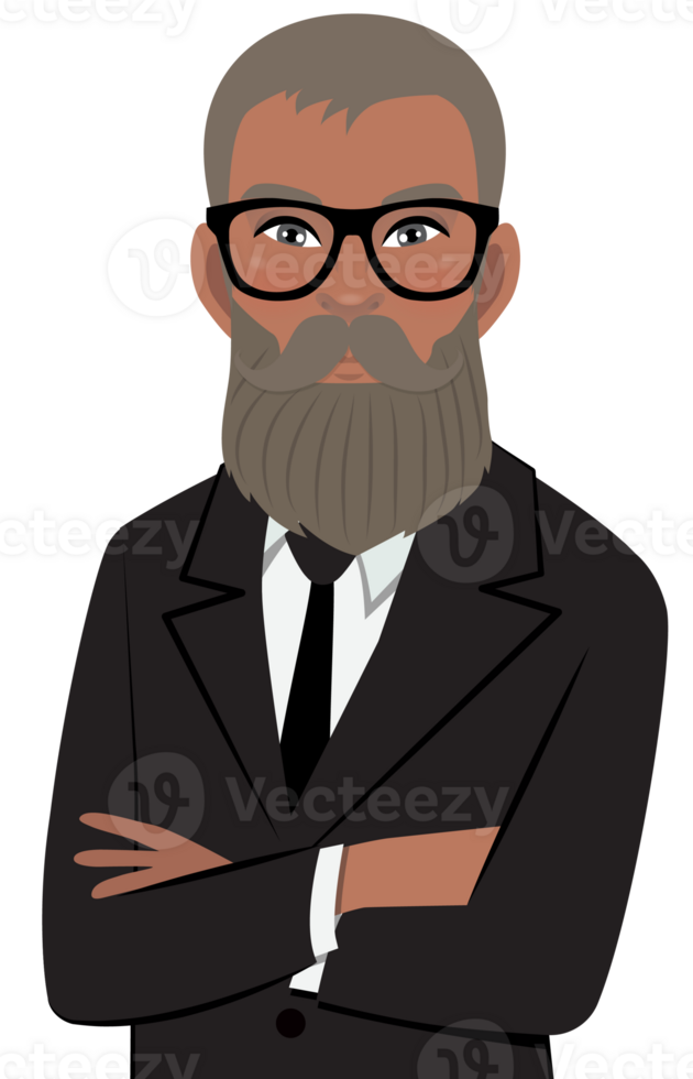 Black businessman or American African male character crossed arms pose in black suit half body cartoon character png