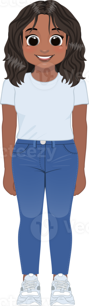 Cartoon character American African girl in white shirt and blue jeans smiling png