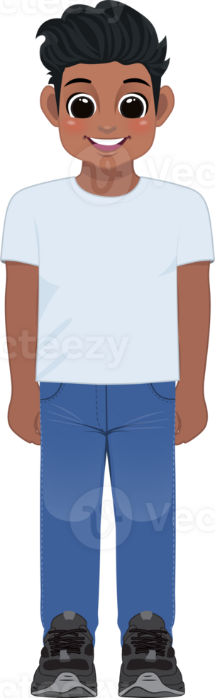 Cartoon character American African boy in white shirt and blue jeans smiling png