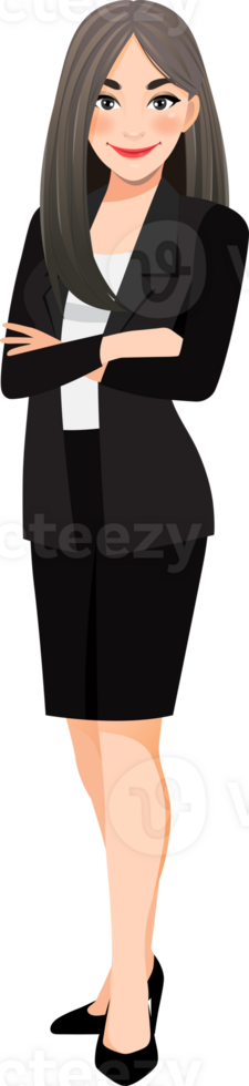 mujer de negocios o hembra personaje cruzado brazos actitud en negro traje dibujos animados personaje png