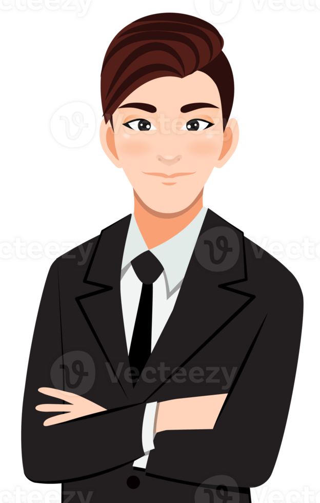 Businessman or male character crossed arms pose in black suit half body cartoon character png