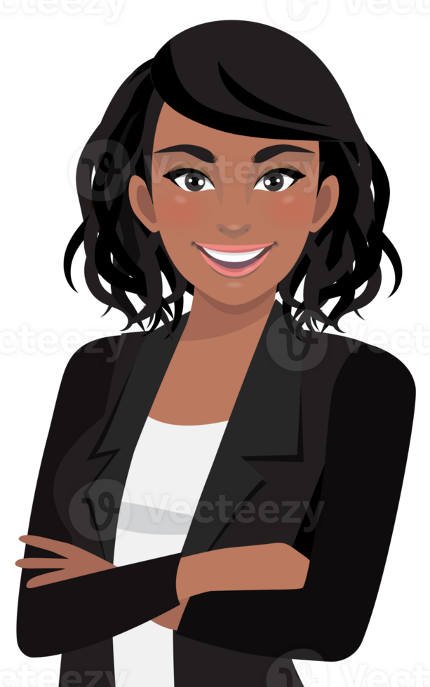 nero donna d'affari o americano africano femmina personaggio attraversato braccia posa nel nero completo da uomo metà corpo cartone animato personaggio png