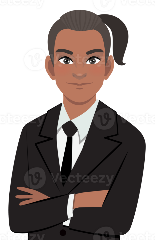negro empresario o americano africano masculino personaje cruzado brazos actitud en negro traje medio cuerpo dibujos animados personaje png