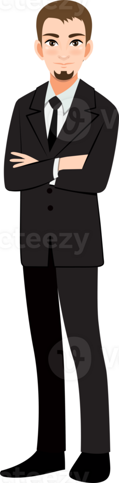 empresario o masculino personaje cruzado brazos actitud en negro traje dibujos animados personaje png