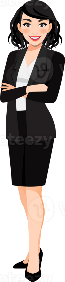 Businesswoman or female character crossed arms pose in black suit cartoon character png