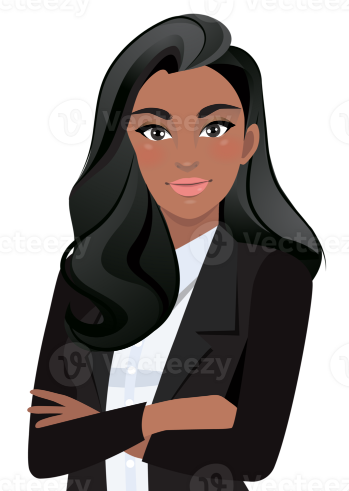 negro mujer de negocios o americano africano hembra personaje cruzado brazos actitud en negro traje medio cuerpo dibujos animados personaje png