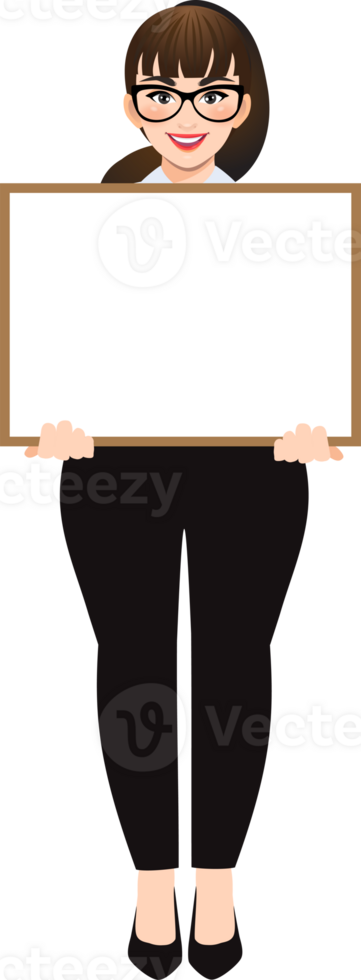 Plus size businesswoman cartoon character or Beautiful business woman in office style white shirt holding blank whiteboard png