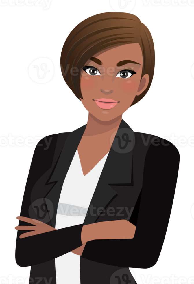 noir femme d'affaires ou américain africain femelle personnage franchi bras pose dans noir costume moitié corps dessin animé personnage png