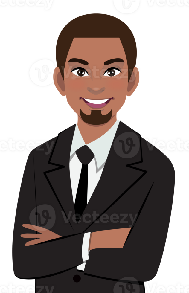 negro empresario o americano africano masculino personaje cruzado brazos actitud en negro traje medio cuerpo dibujos animados personaje png