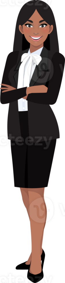 Black businesswoman or American African female character crossed arms pose in black suit cartoon character png