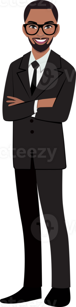 Black businessman or American African male character crossed arms pose in black suit cartoon character png