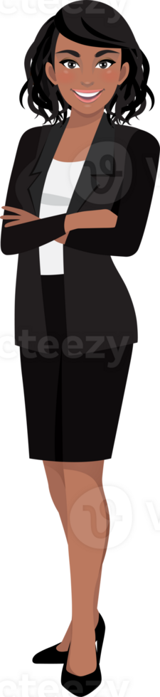 Black businesswoman or American African female character crossed arms pose in black suit cartoon character png
