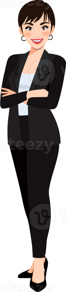 femme d'affaires ou femelle personnage franchi bras pose dans noir costume dessin animé personnage png