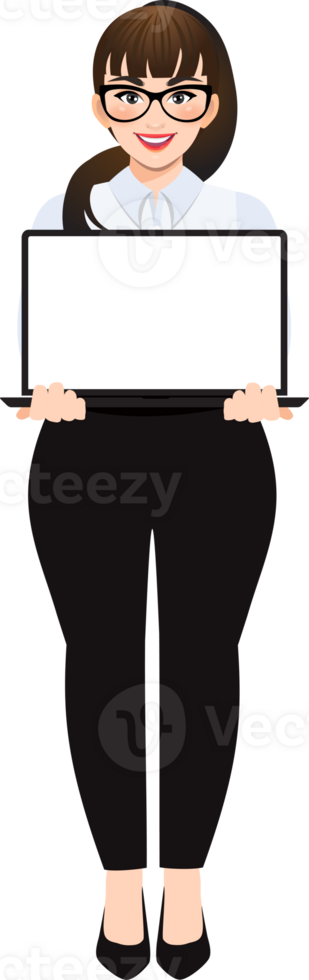 Plus size businesswoman cartoon character or Beautiful business woman in office style white shirt holding blank monitor laptop png