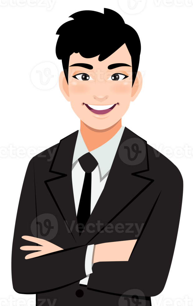 Businessman or male character crossed arms pose in black suit half body cartoon character png