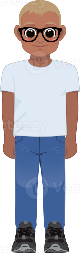 desenho animado personagem americano africano Garoto dentro branco camisa e azul jeans sorridente png