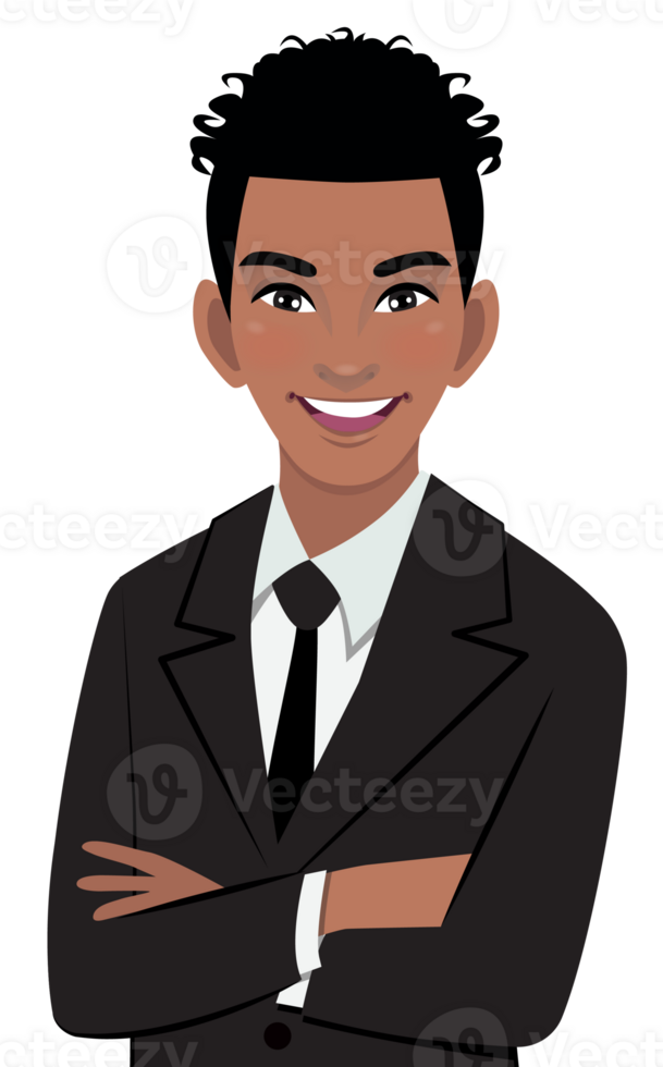 negro empresario o americano africano masculino personaje cruzado brazos actitud en negro traje medio cuerpo dibujos animados personaje png