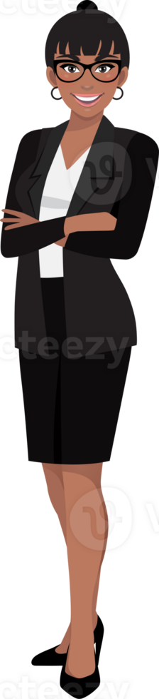 Black businesswoman or American African female character crossed arms pose in black suit cartoon character png