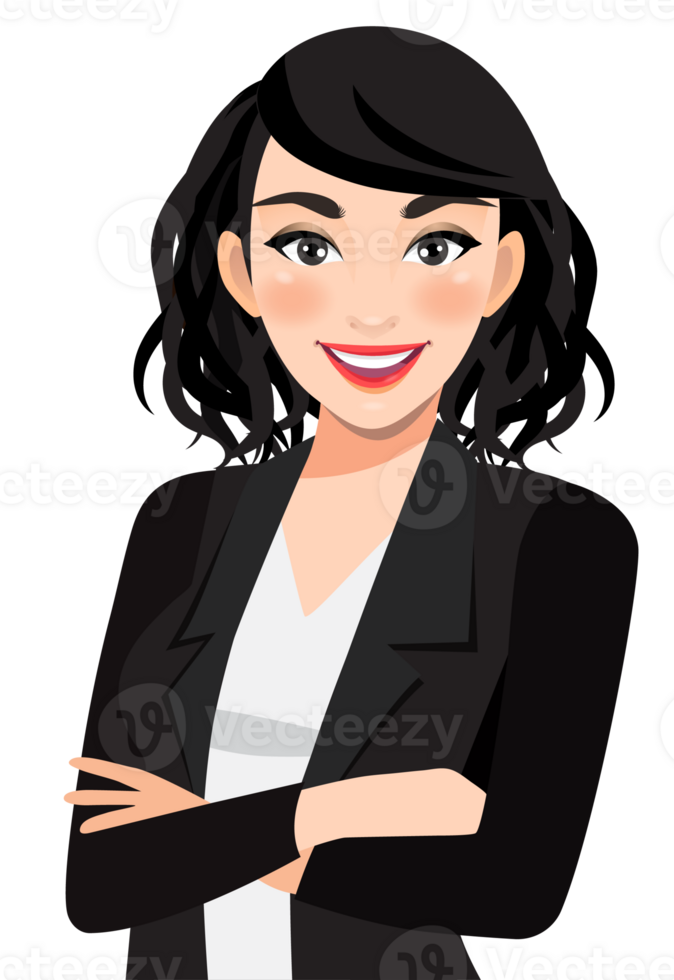 Businesswoman or female character crossed arms pose in black suit half body cartoon character png