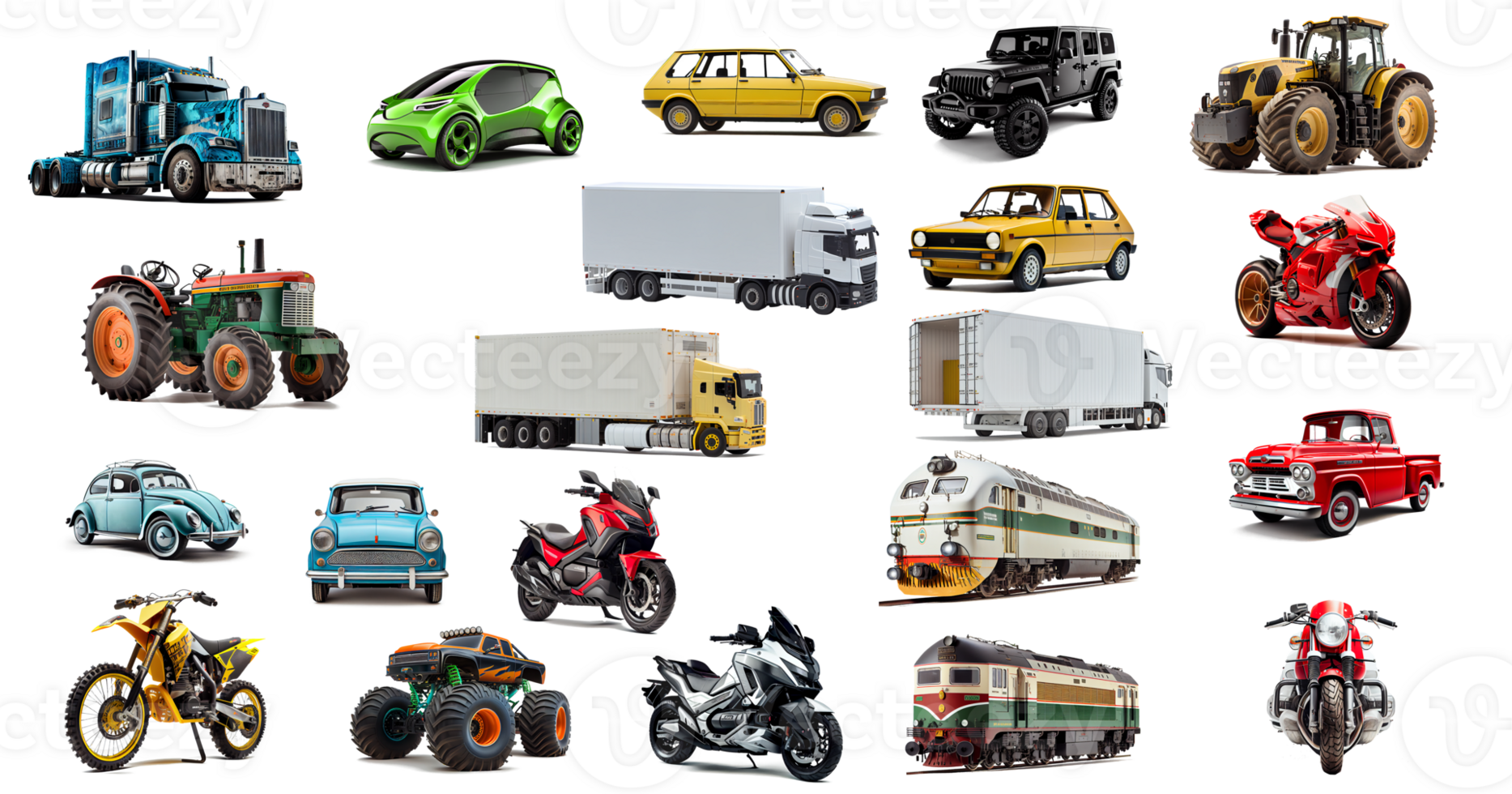 Image for decoration of transportation system.set of cars, various transportation system, motorcycle, truck, tractor, sports car, vintage car on a transparent background png