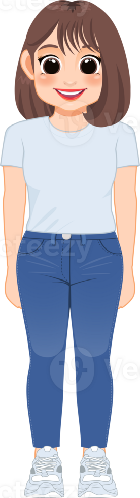 dessin animé personnage fille dans blanc chemise et bleu jeans souriant png