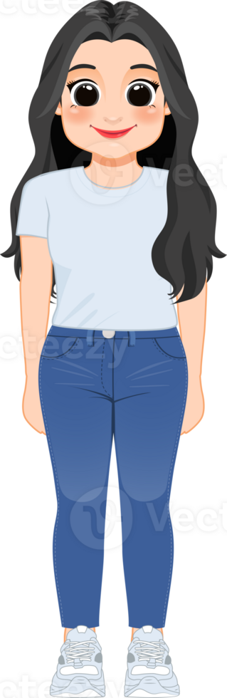 cartone animato personaggio ragazza nel bianca camicia e blu jeans sorridente png