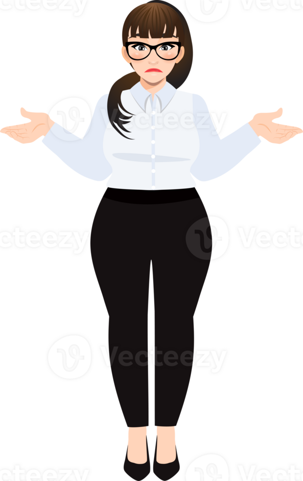 Plus size businesswoman cartoon character or Beautiful business woman in office style white shirt raise your hands to both shoulder level png