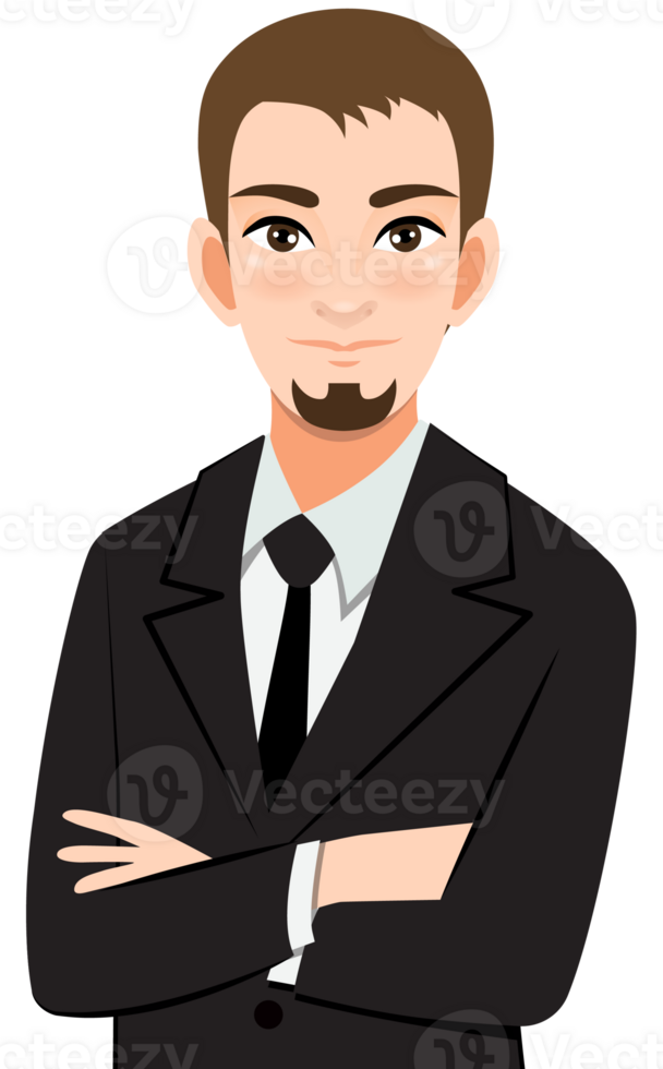 Businessman or male character crossed arms pose in black suit half body cartoon character png