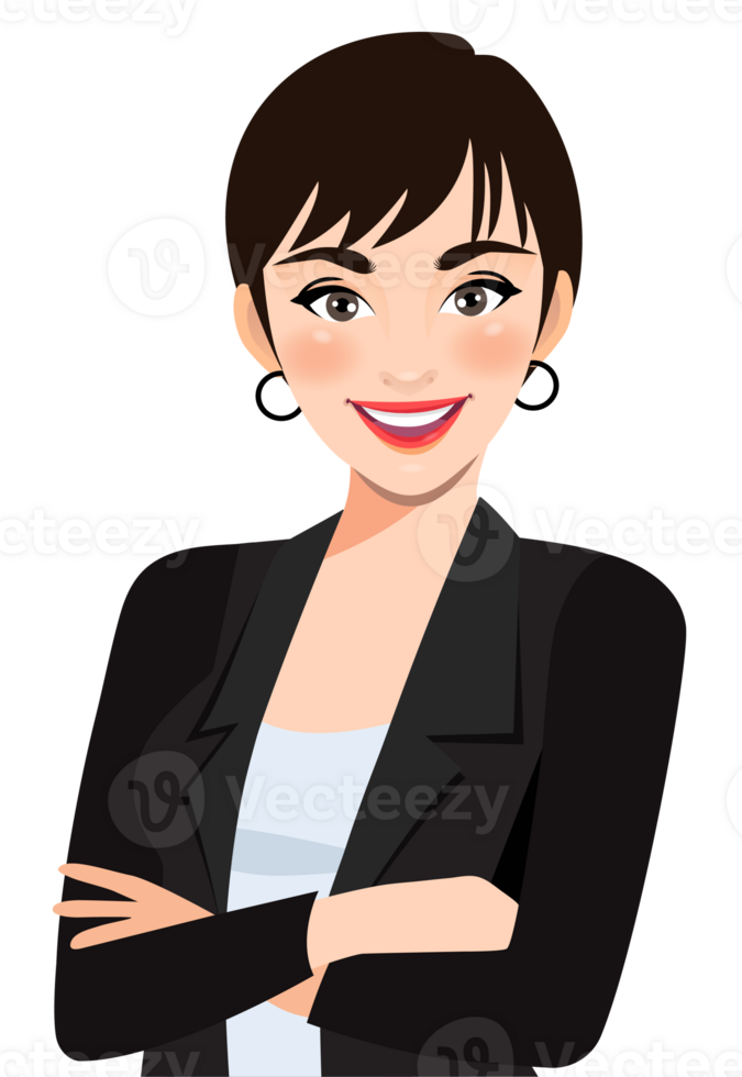 Businesswoman or female character crossed arms pose in black suit half body cartoon character png