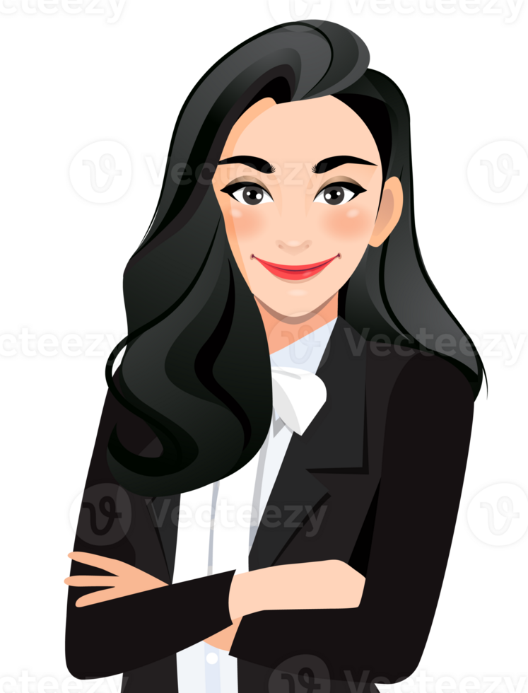 Businesswoman or female character crossed arms pose in black suit half body cartoon character png