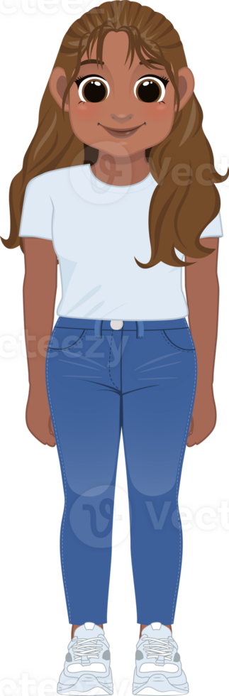 Cartoon character American African girl in white shirt and blue jeans smiling png