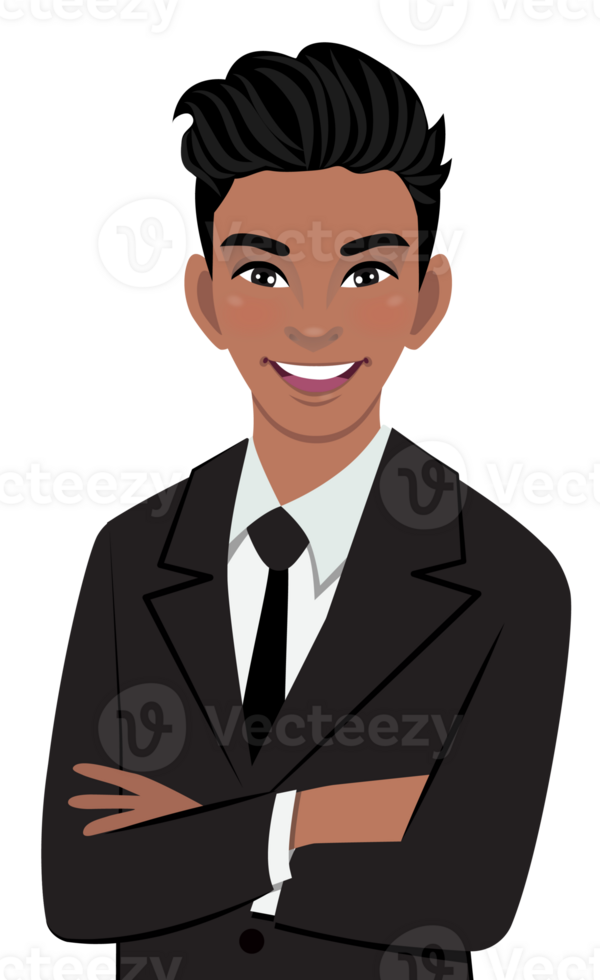 Black businessman or American African male character crossed arms pose in black suit half body cartoon character png